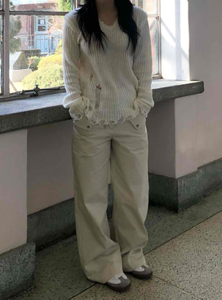 Wide Long Pants with Back Flap Pocket Drawstring