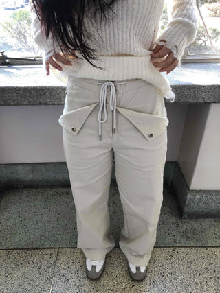 Wide Long Pants with Back Flap Pocket Drawstring