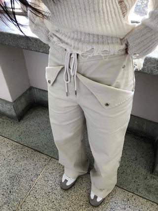Wide Long Pants with Back Flap Pocket Drawstring
