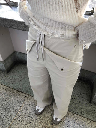 Wide Long Pants with Back Flap Pocket Drawstring
