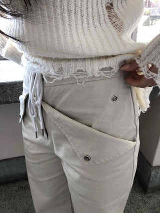 Wide Long Pants with Back Flap Pocket Drawstring