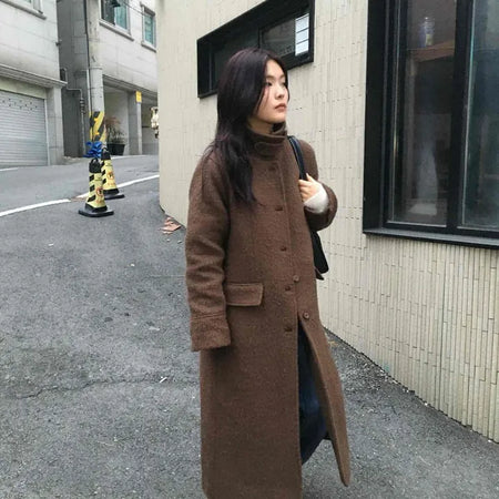 Heathered Two-Way Collarless Double Pocket Maxi Coat