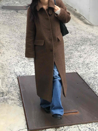 Heathered Two-Way Collarless Double Pocket Maxi Coat