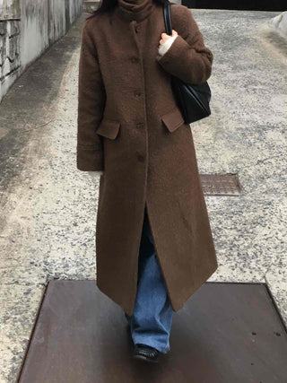 Heathered Two-Way Collarless Double Pocket Maxi Coat