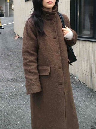 Heathered Two-Way Collarless Double Pocket Maxi Coat