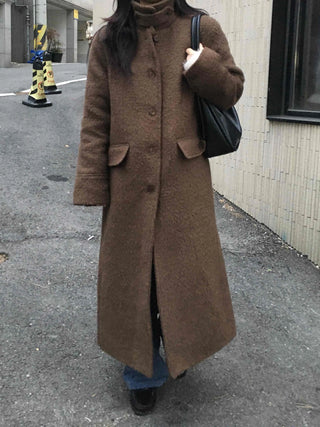 Heathered Two-Way Collarless Double Pocket Maxi Coat