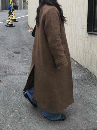 Heathered Two-Way Collarless Double Pocket Maxi Coat