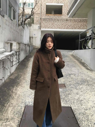 Heathered Two-Way Collarless Double Pocket Maxi Coat