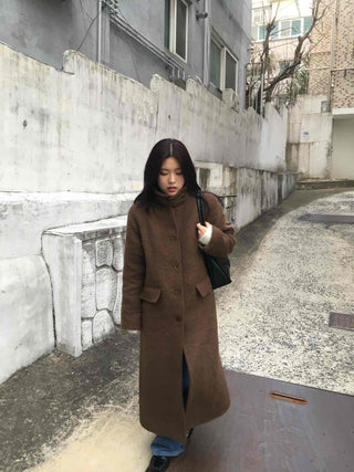 Heathered Two-Way Collarless Double Pocket Maxi Coat