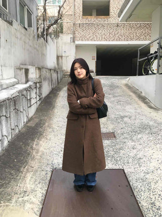 Heathered Two-Way Collarless Double Pocket Maxi Coat