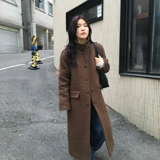 Heathered Two-Way Collarless Double Pocket Maxi Coat