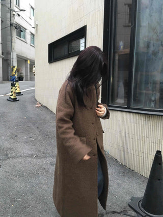 Heathered Two-Way Collarless Double Pocket Maxi Coat