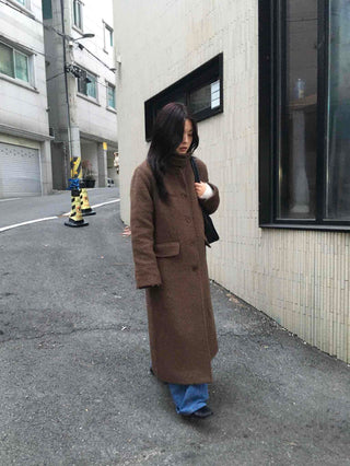 Heathered Two-Way Collarless Double Pocket Maxi Coat
