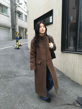 Heathered Two-Way Collarless Double Pocket Maxi Coat