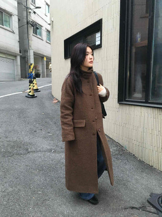 Heathered Two-Way Collarless Double Pocket Maxi Coat