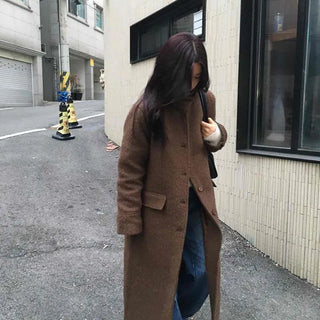 Heathered Two-Way Collarless Double Pocket Maxi Coat