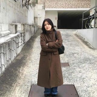 Heathered Two-Way Collarless Double Pocket Maxi Coat