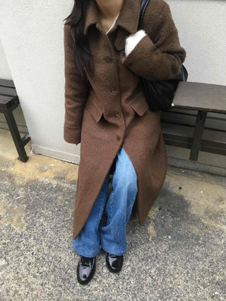 Heathered Two-Way Collarless Double Pocket Maxi Coat