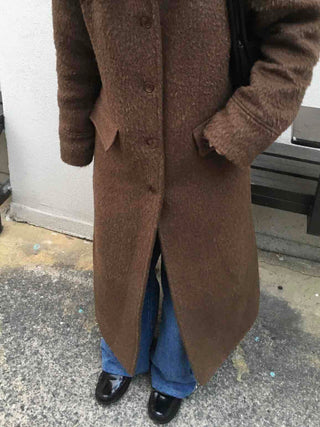 Heathered Two-Way Collarless Double Pocket Maxi Coat