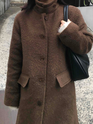 Heathered Two-Way Collarless Double Pocket Maxi Coat