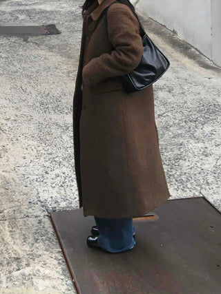 Heathered Two-Way Collarless Double Pocket Maxi Coat