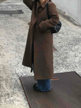 Heathered Two-Way Collarless Double Pocket Maxi Coat
