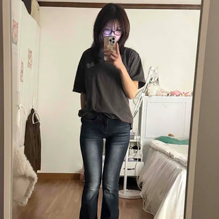 Coated leather texture mid-rise flare denim pants