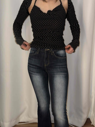 Coated leather texture mid-rise flare denim pants