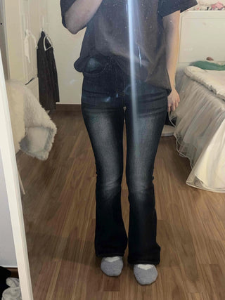 Coated leather texture mid-rise flare denim pants