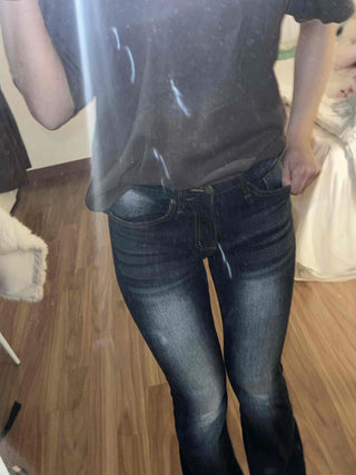 Coated leather texture mid-rise flare denim pants
