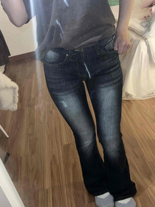 Coated leather texture mid-rise flare denim pants