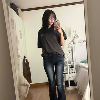 Coated leather texture mid-rise flare denim pants