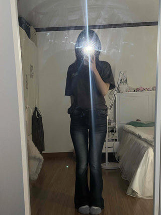 Coated leather texture mid-rise flare denim pants