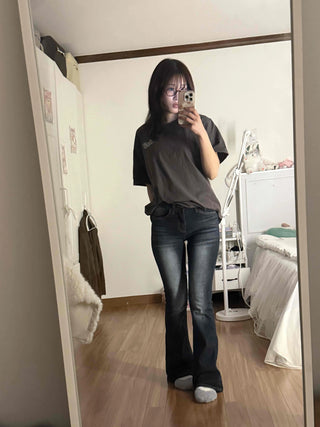 Coated leather texture mid-rise flare denim pants