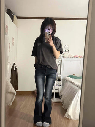 Coated leather texture mid-rise flare denim pants