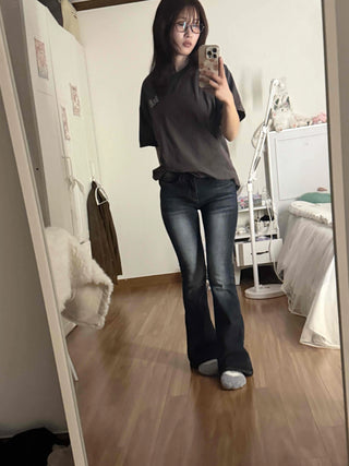Coated leather texture mid-rise flare denim pants