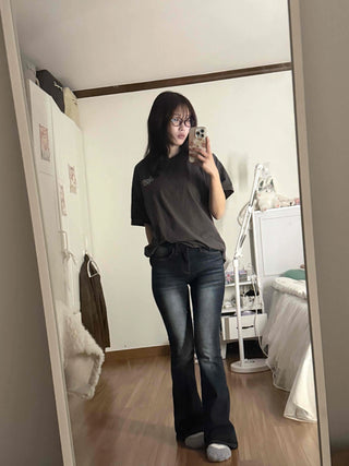 Coated leather texture mid-rise flare denim pants