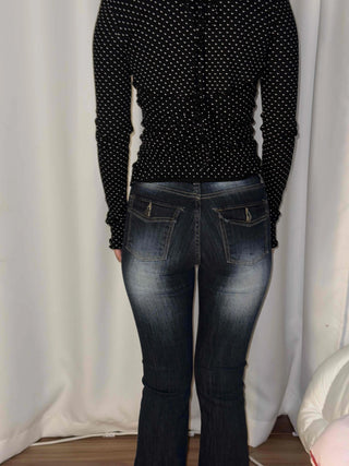 Coated leather texture mid-rise flare denim pants