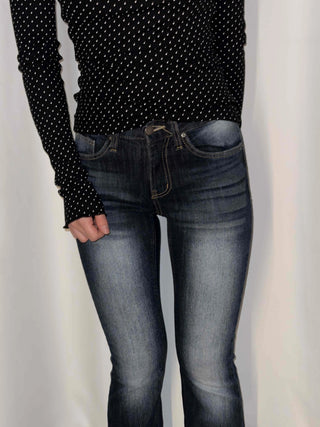 Coated leather texture mid-rise flare denim pants