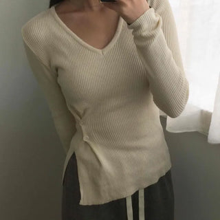 Side Slit Button Slim Fit V-Neck Ribbed Knit