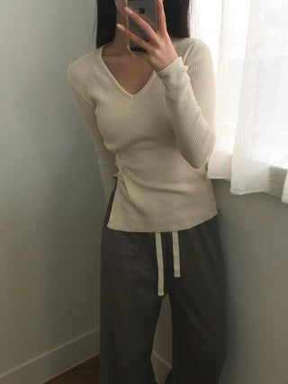 Side Slit Button Slim Fit V-Neck Ribbed Knit
