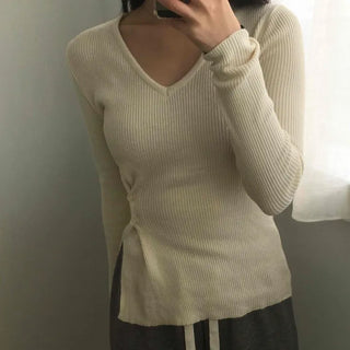 Side Slit Button Slim Fit V-Neck Ribbed Knit