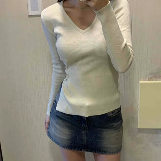 Side Slit Button Slim Fit V-Neck Ribbed Knit
