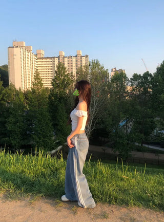 Sura Three-Stripe String Wide Denim Pants