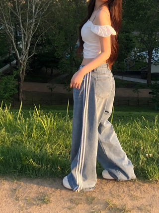 Sura Three-Stripe String Wide Denim Pants