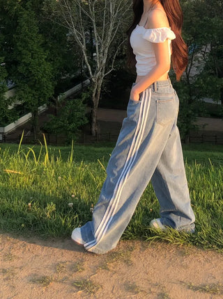 Sura Three-Stripe String Wide Denim Pants