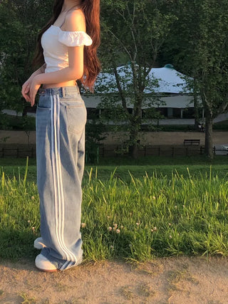 Sura Three-Stripe String Wide Denim Pants