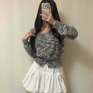Round Neck Mixed Color Knit Crop Cardigan