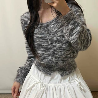 Round Neck Mixed Color Knit Crop Cardigan