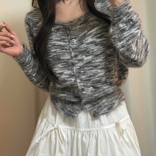 Round Neck Mixed Color Knit Crop Cardigan